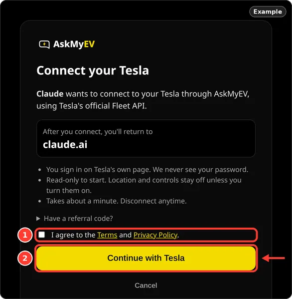 AskMyEV's Connect your Tesla screen with the terms checkbox and Continue with Tesla highlighted