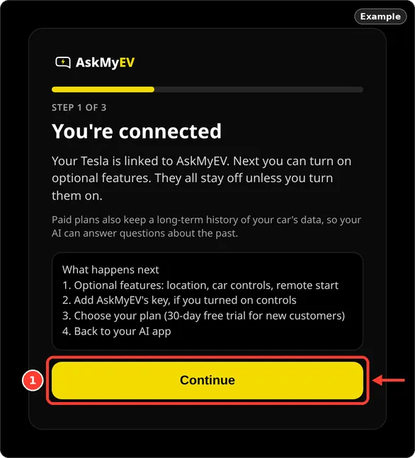 AskMyEV's You're connected screen listing the next steps, with the Continue button