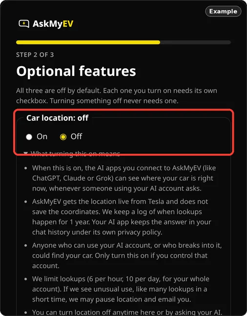AskMyEV's Optional features screen with Car location and Car controls off