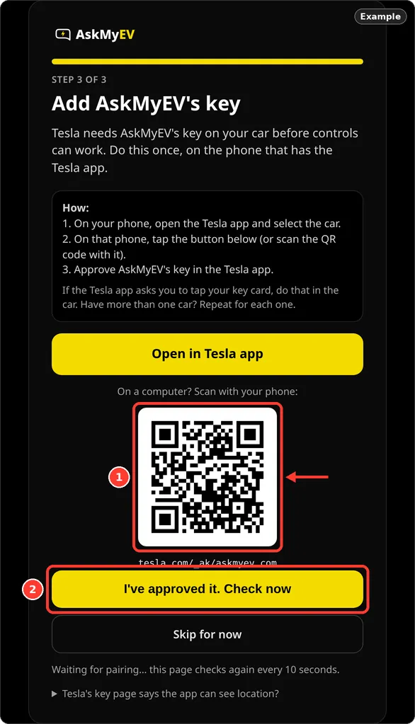 AskMyEV's Add AskMyEV's key screen with the QR code and the I've approved it, Check now button highlighted