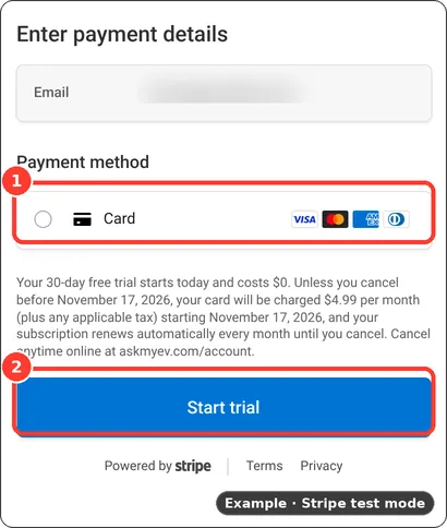 Stripe checkout with the Card option and Start trial highlighted
