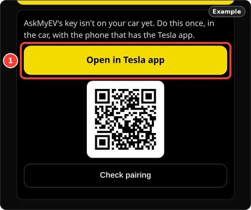 AskMyEV's Account page key card with Open in Tesla app and Check pairing