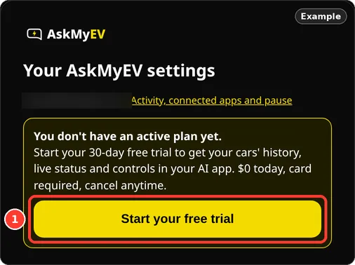 AskMyEV's Account page with the Start your free trial button
