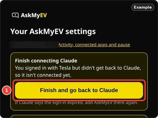 AskMyEV's Account page with the Finish and go back button