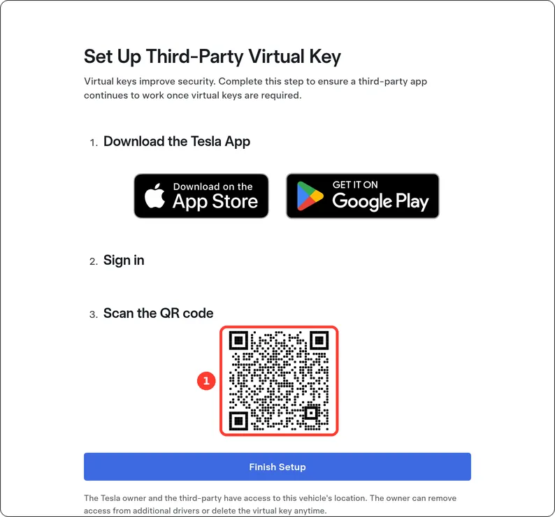 Tesla's Set Up Third-Party Virtual Key page with the Finish Setup button highlighted